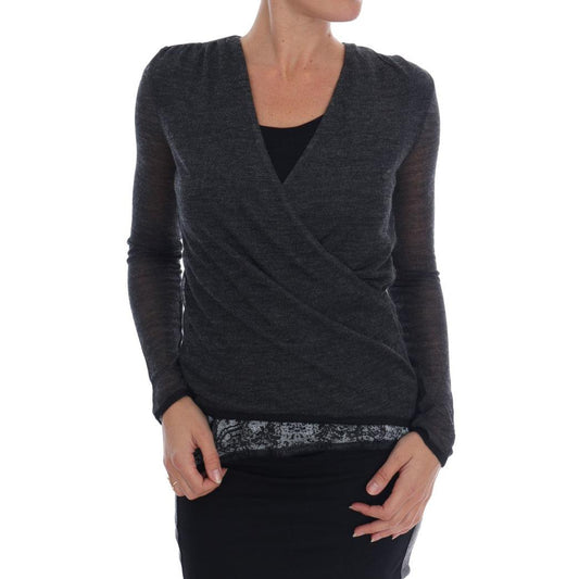 Gray Wool Lace Top Long Sleeved T-shirt