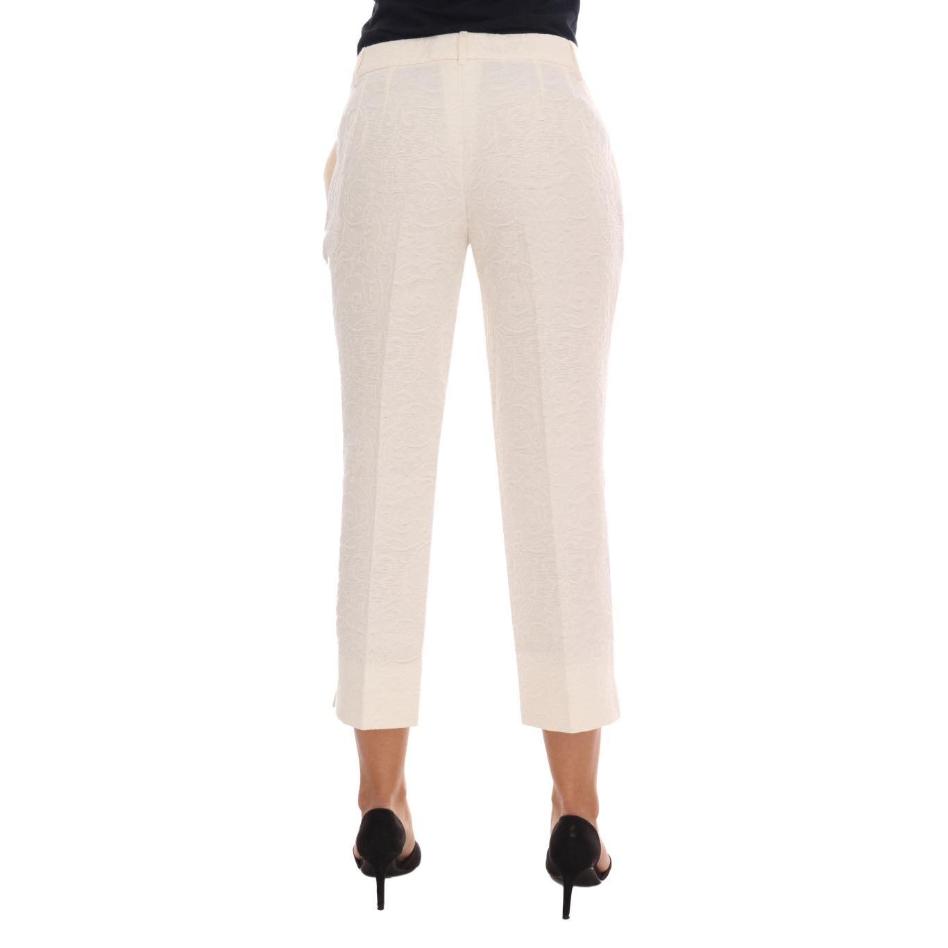White Floral Brocade Capri Pants