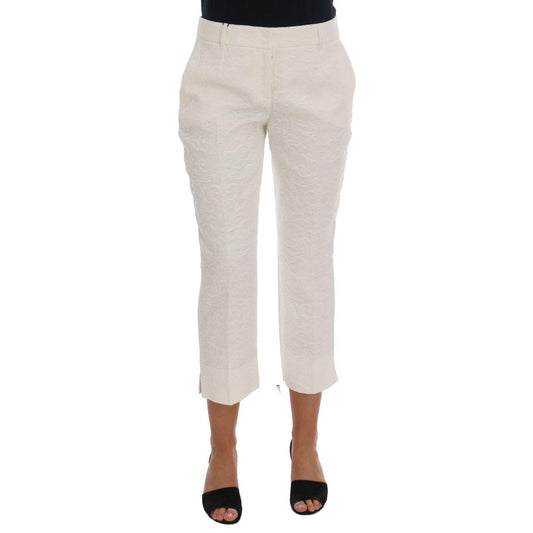 White Floral Brocade Capri Pants