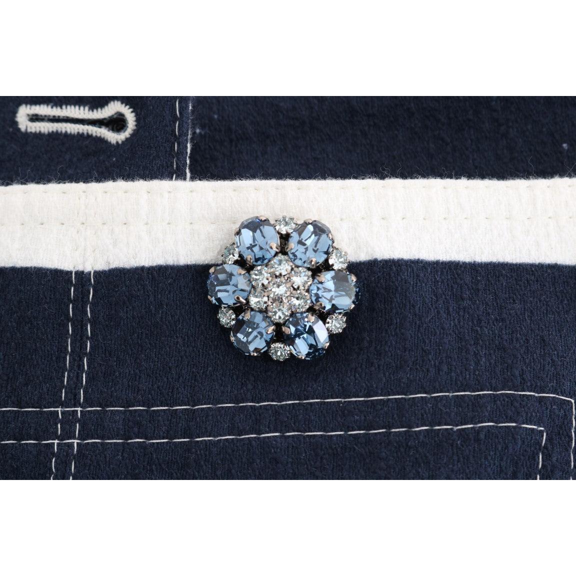 White Blue Striped Crystal Shorts