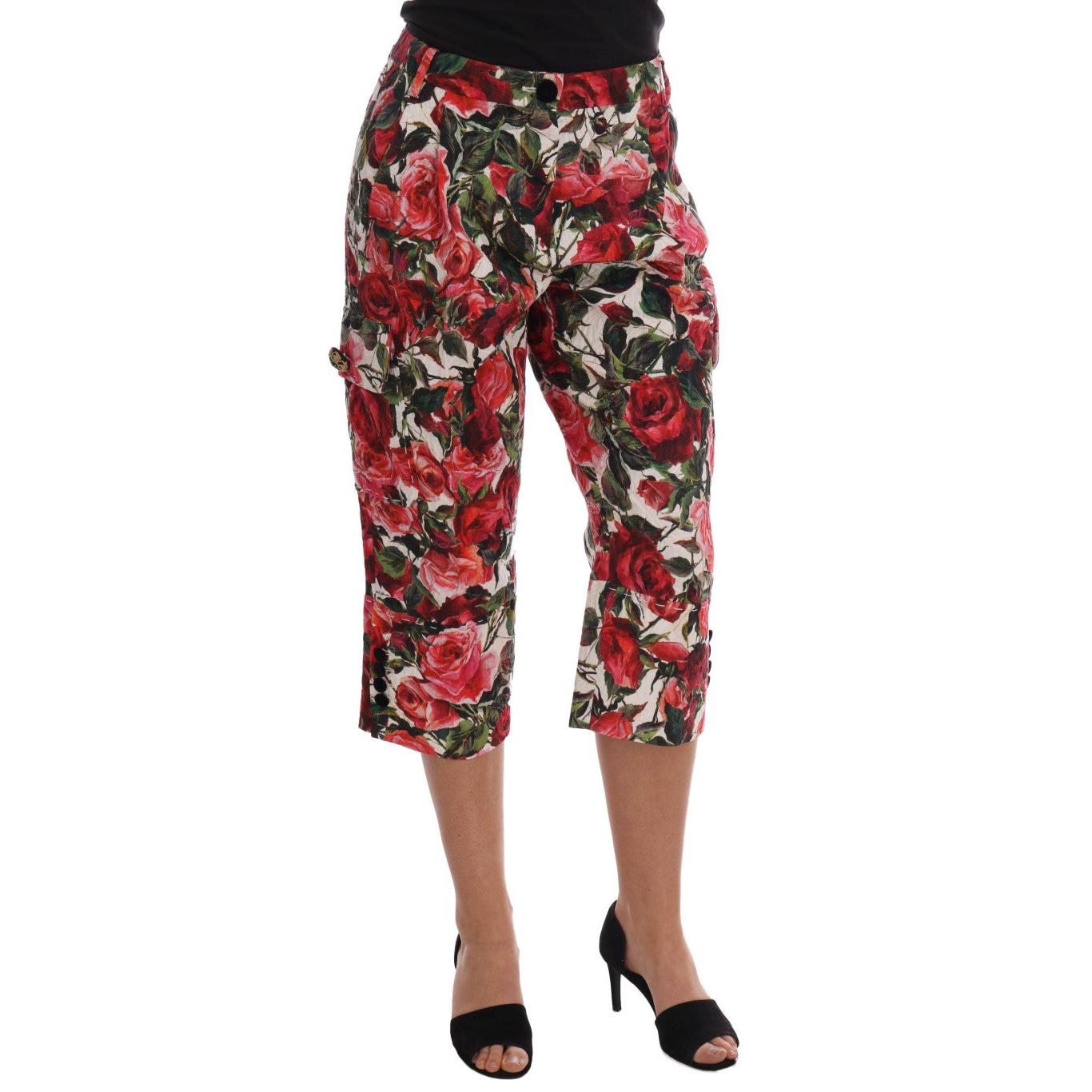 Multicolor Roses Print Brocade Capri Pants - coffeewithmee2