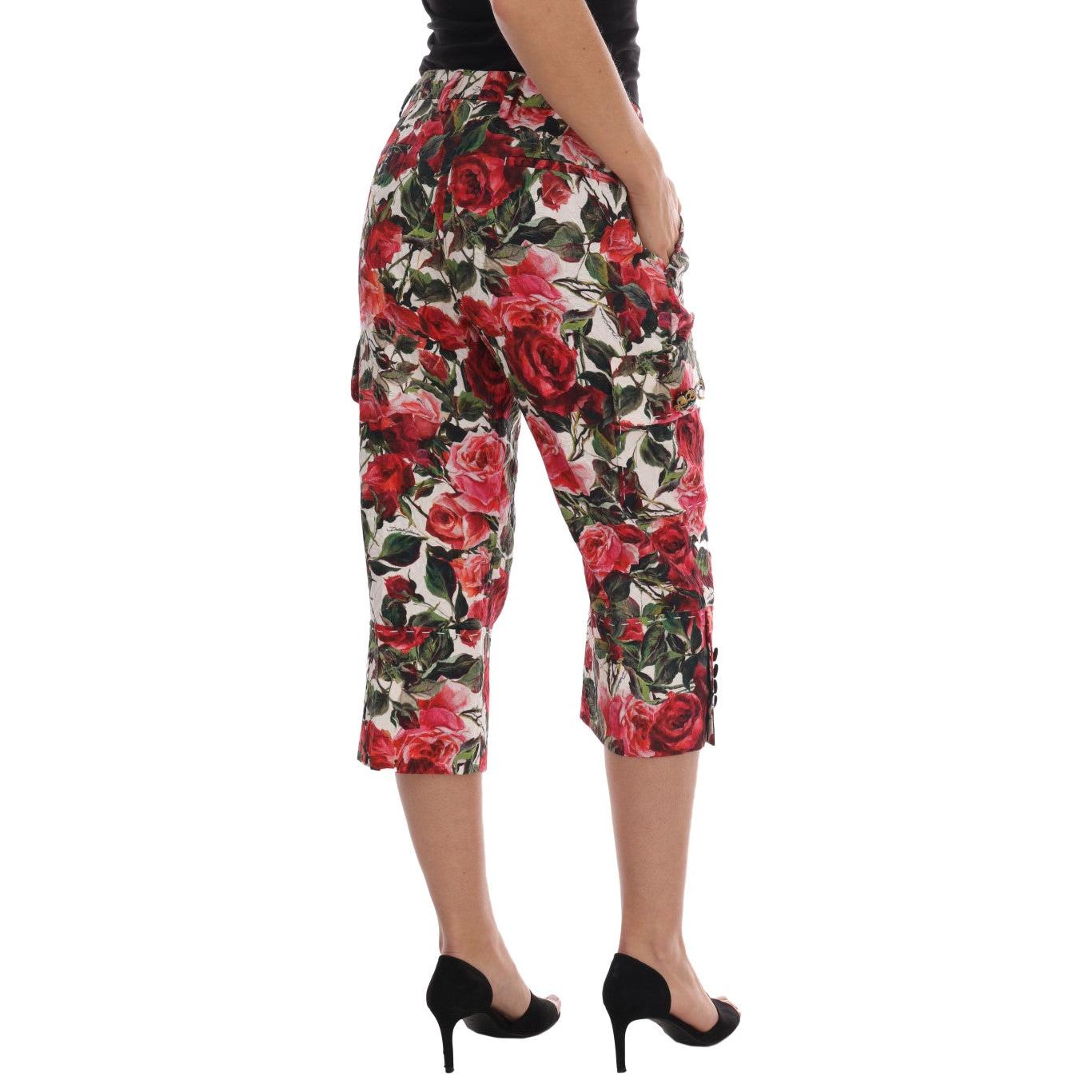 Multicolor Roses Print Brocade Capri Pants - coffeewithmee2