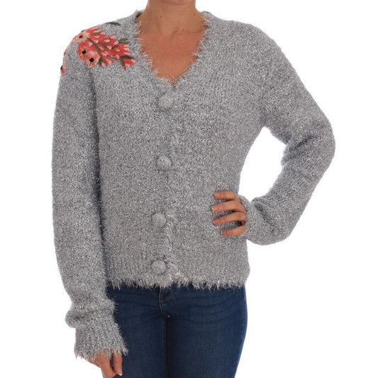 Silver Cardigan Floral Applique Sweater - coffeewithmee2