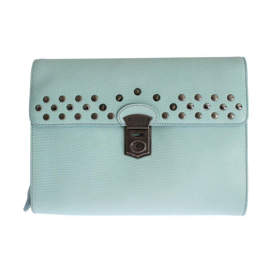 Blue Leather Studded Document Portfolio Briefcase Bag - coffeewithmee2
