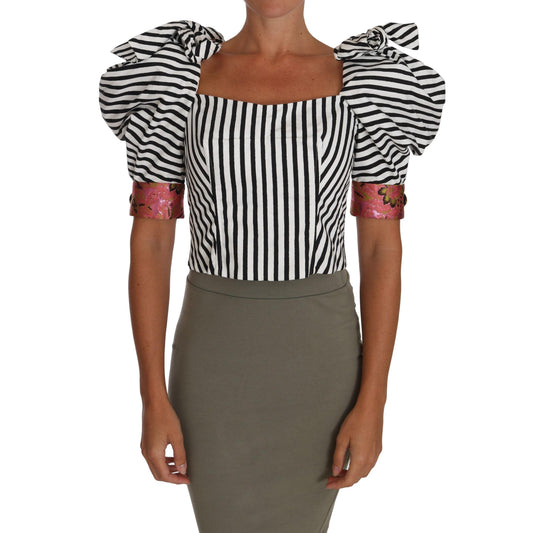 White Black Striped Cropped Top Puff Sleeve Shirts - coffeewithmee2
