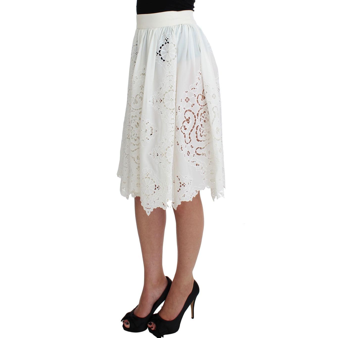 White Silk Floral Ricamo Knee Skirt - coffeewithmee2