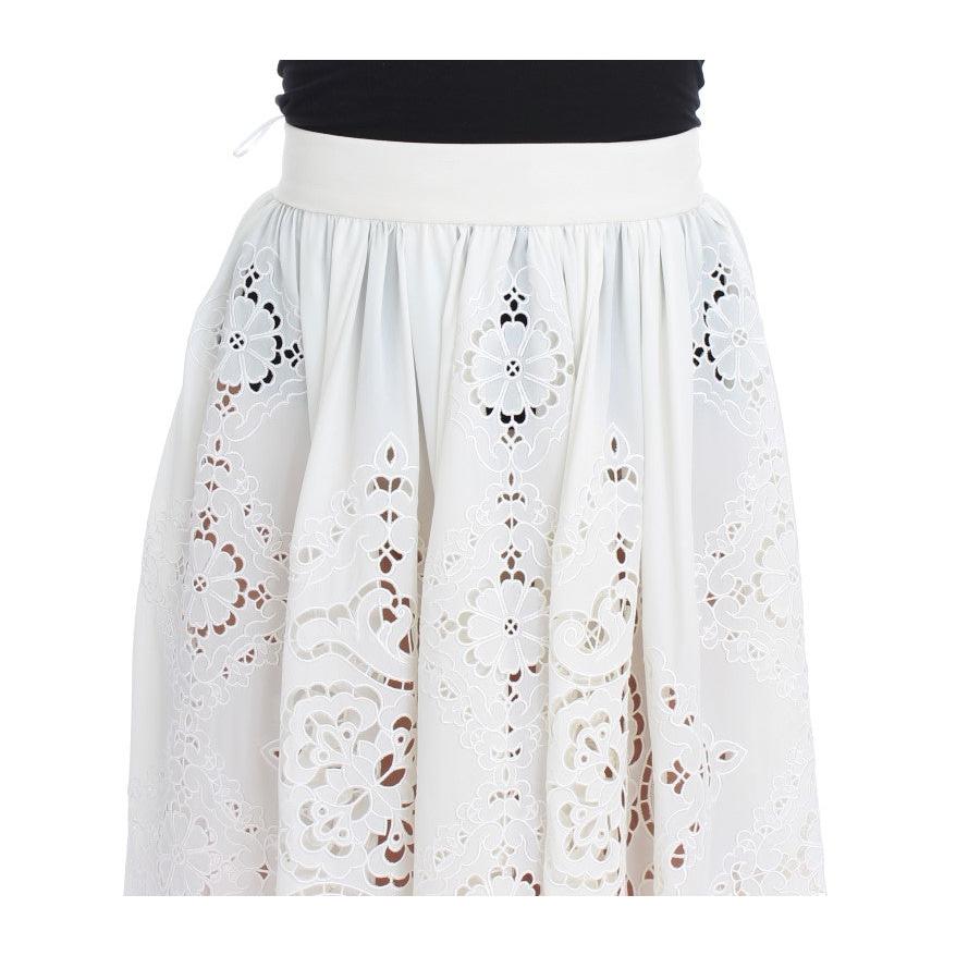 White Silk Floral Ricamo Knee Skirt - coffeewithmee2
