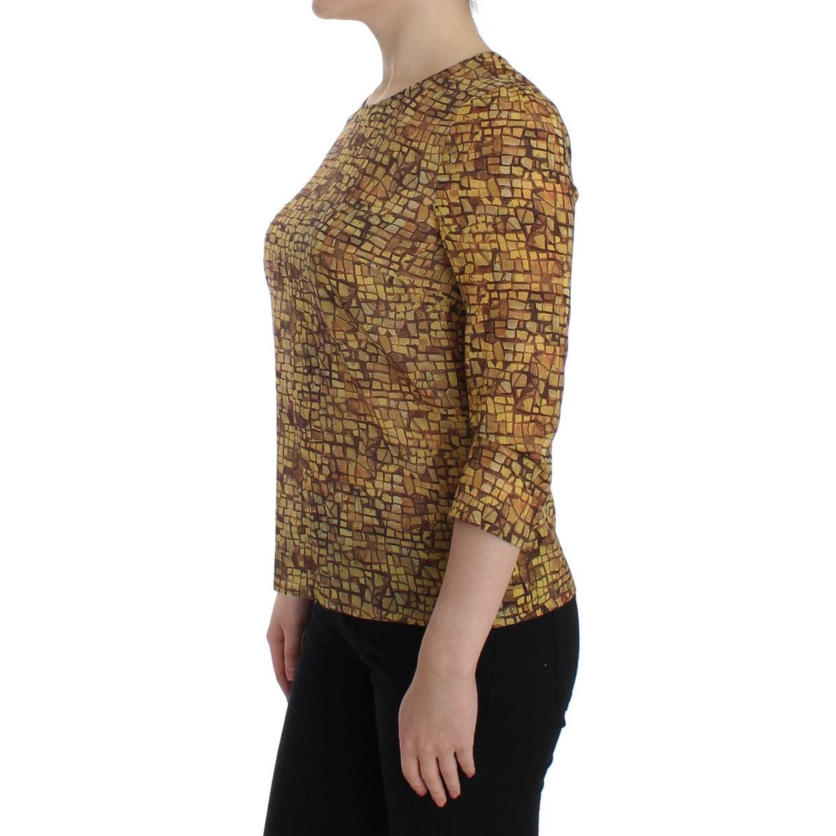 Multicolor Mosaic Print Silk Blouse T-shirt - coffeewithmee2