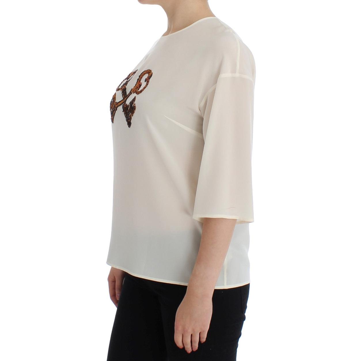 White Sequined Key Silk Blouse T-shirt Top - coffeewithmee2