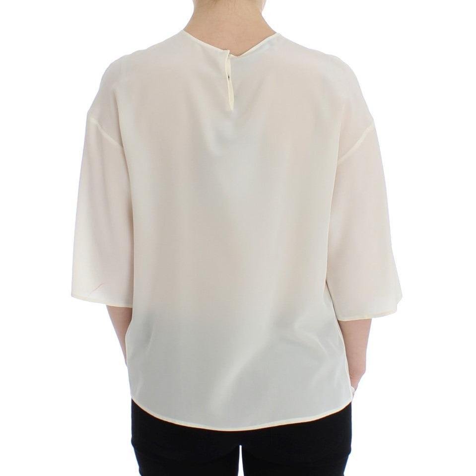 White Sequined Key Silk Blouse T-shirt Top - coffeewithmee2