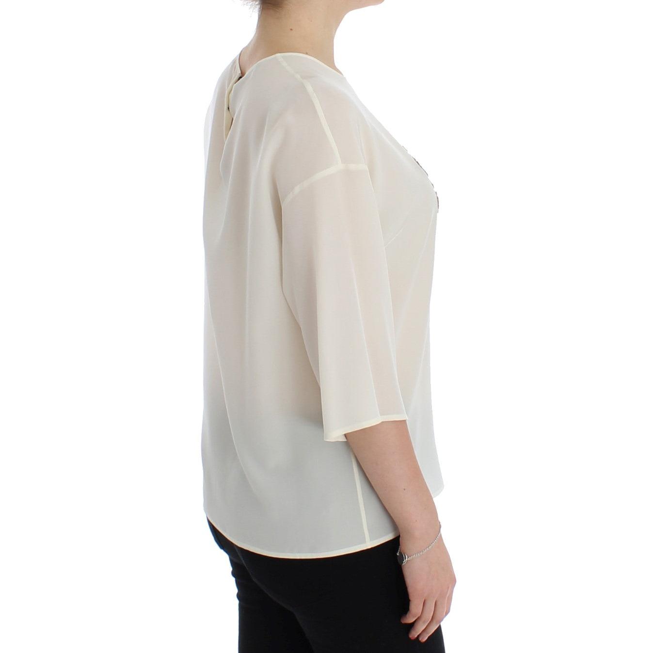 White Sequined Key Silk Blouse T-shirt Top - coffeewithmee2