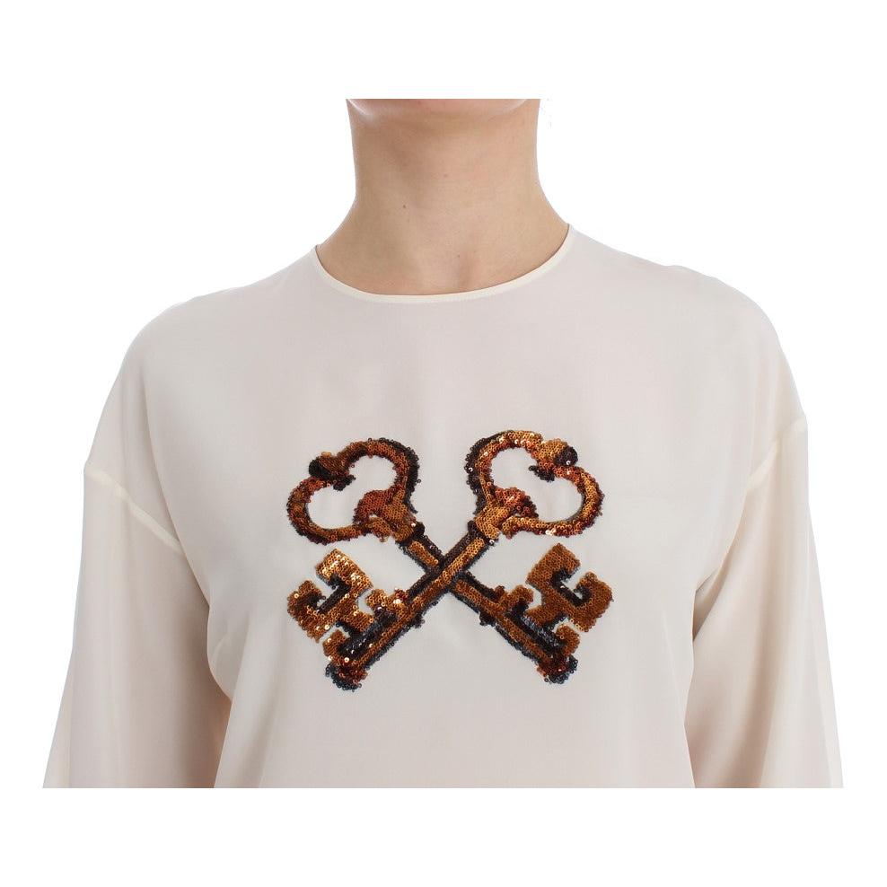 White Sequined Key Silk Blouse T-shirt Top - coffeewithmee2