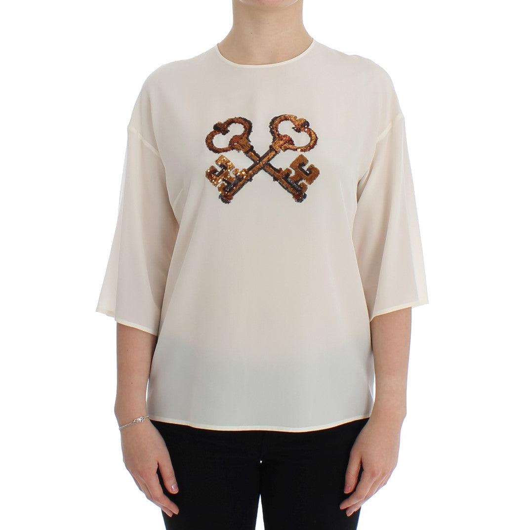 White Sequined Key Silk Blouse T-shirt Top - coffeewithmee2