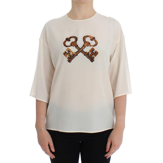 White Sequined Key Silk Blouse T-shirt Top - coffeewithmee2