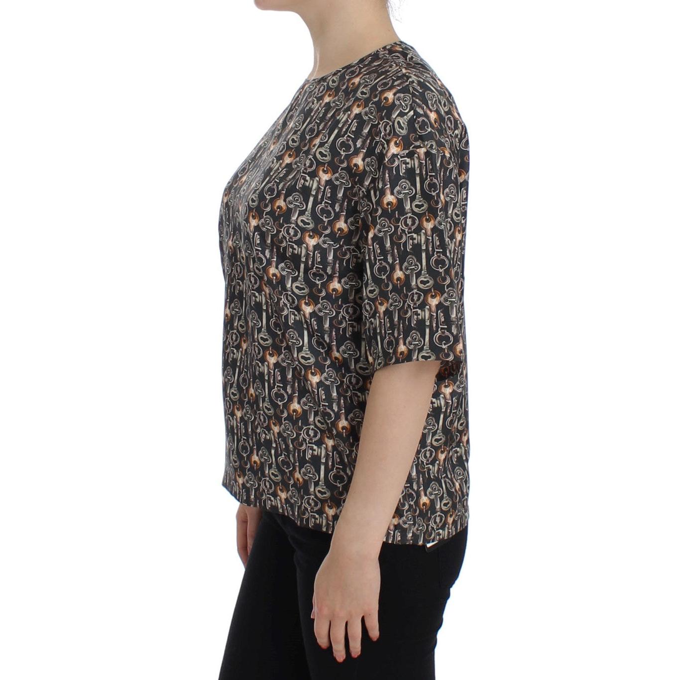Gray Gold Key Print Silk Blouse T-shirt - coffeewithmee2