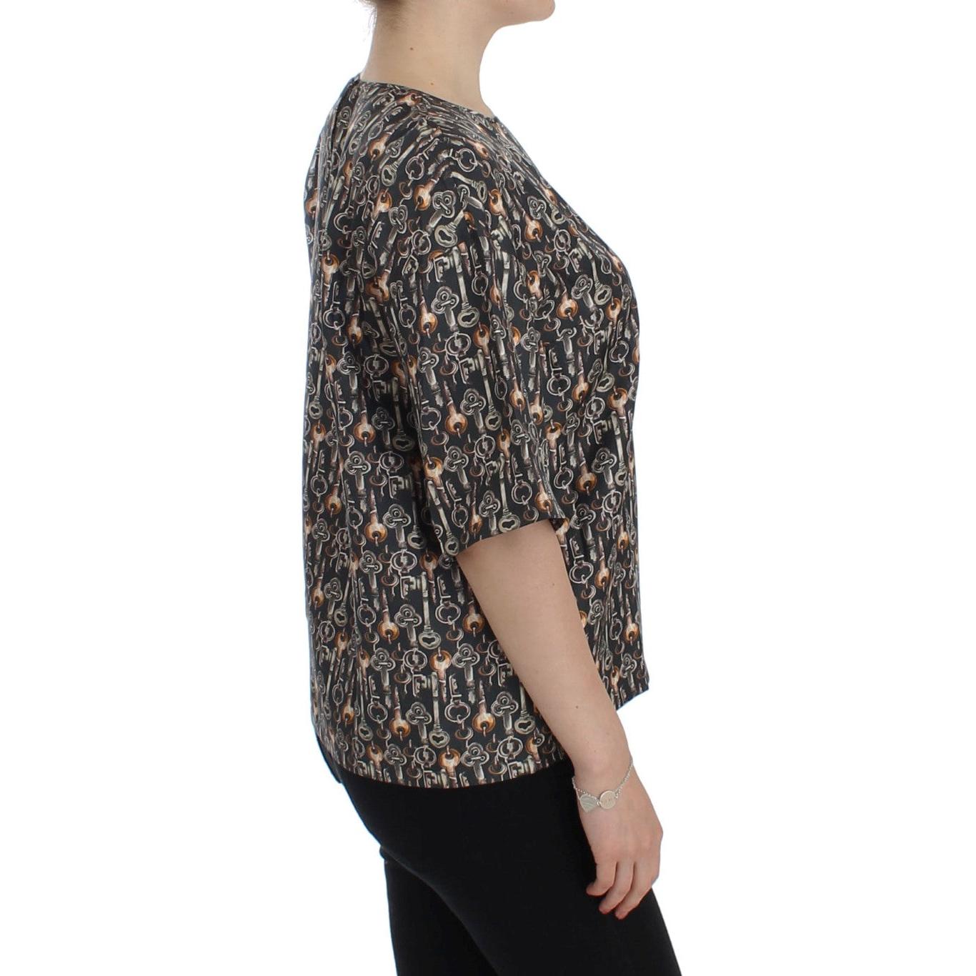 Gray Gold Key Print Silk Blouse T-shirt - coffeewithmee2