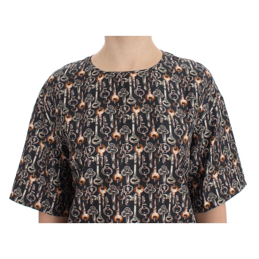 Gray Gold Key Print Silk Blouse T-shirt - coffeewithmee2