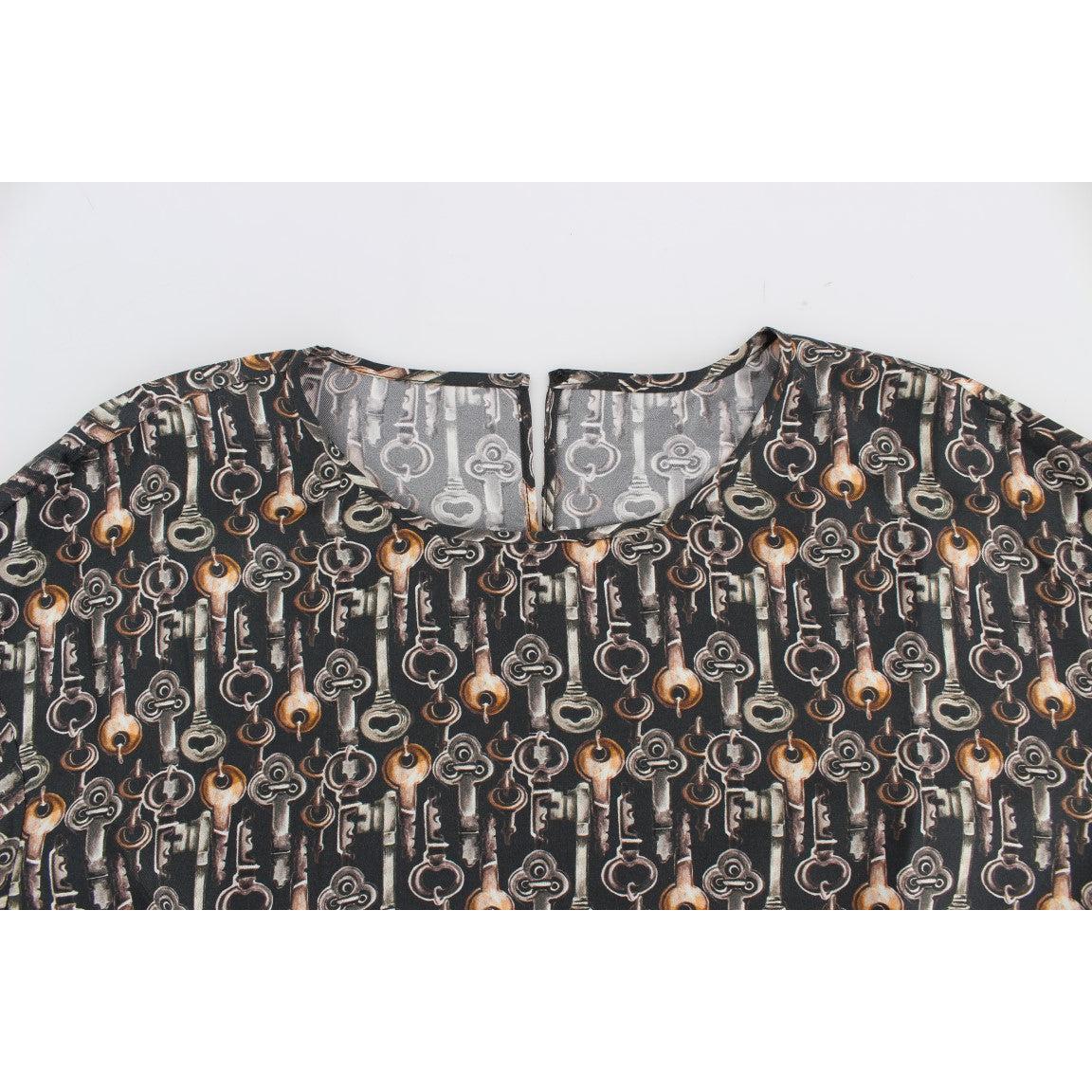 Gray Gold Key Print Silk Blouse T-shirt - coffeewithmee2