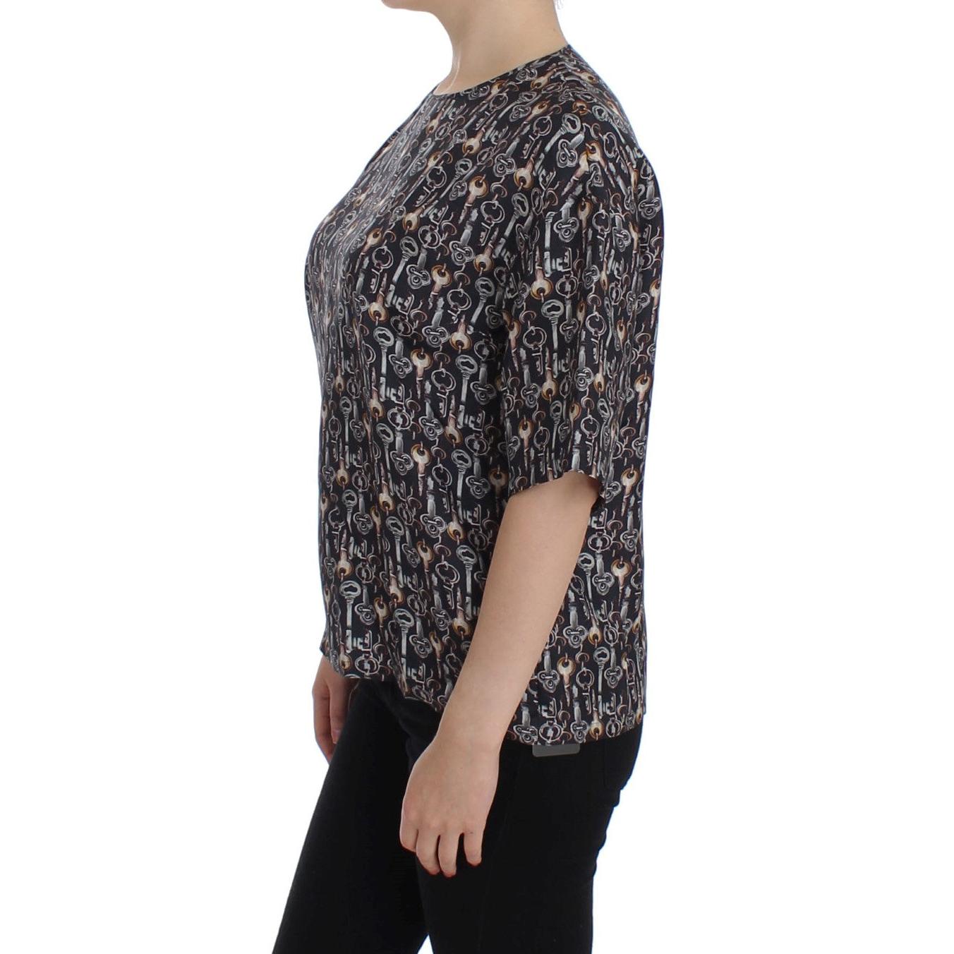 Gray Gold Key Print Silk Blouse T-shirt - coffeewithmee2