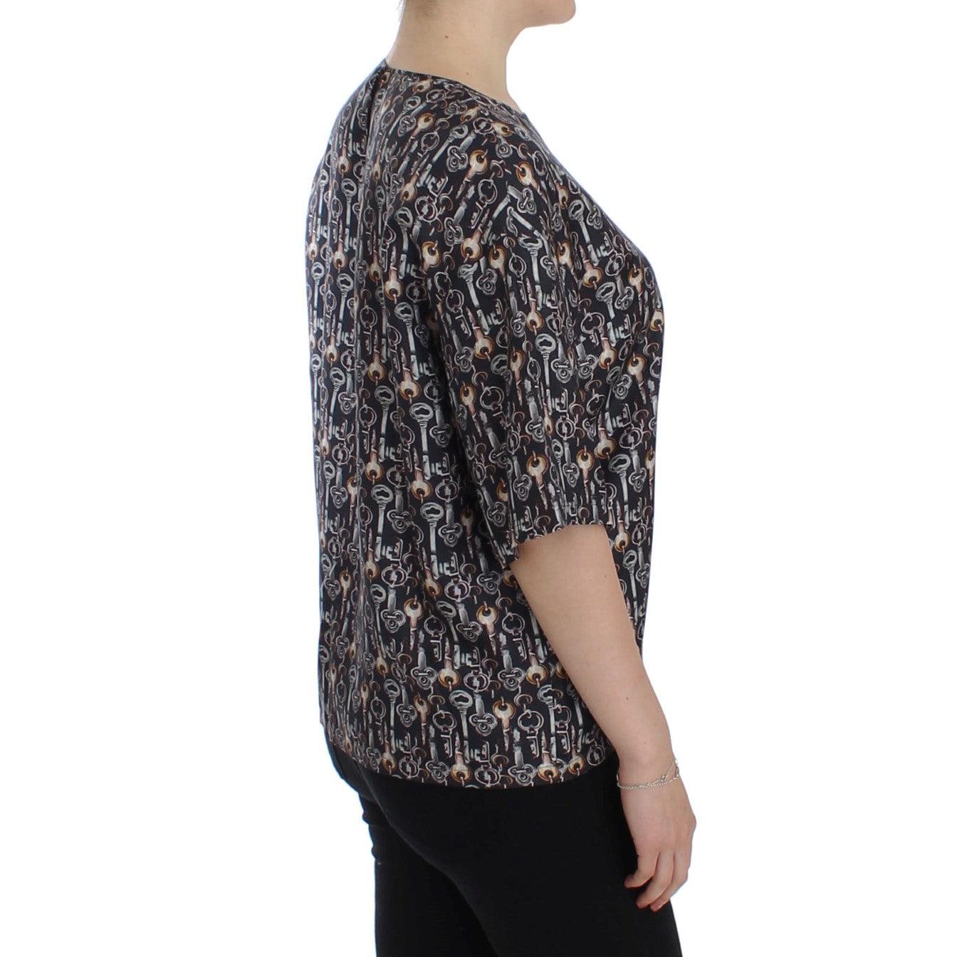 Gray Gold Key Print Silk Blouse T-shirt - coffeewithmee2