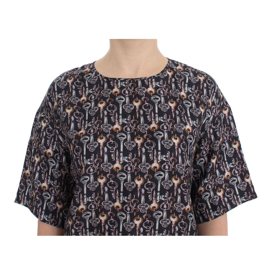 Gray Gold Key Print Silk Blouse T-shirt - coffeewithmee2