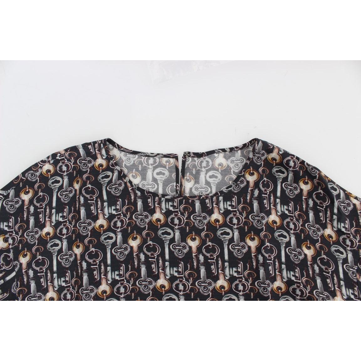 Gray Gold Key Print Silk Blouse T-shirt - coffeewithmee2