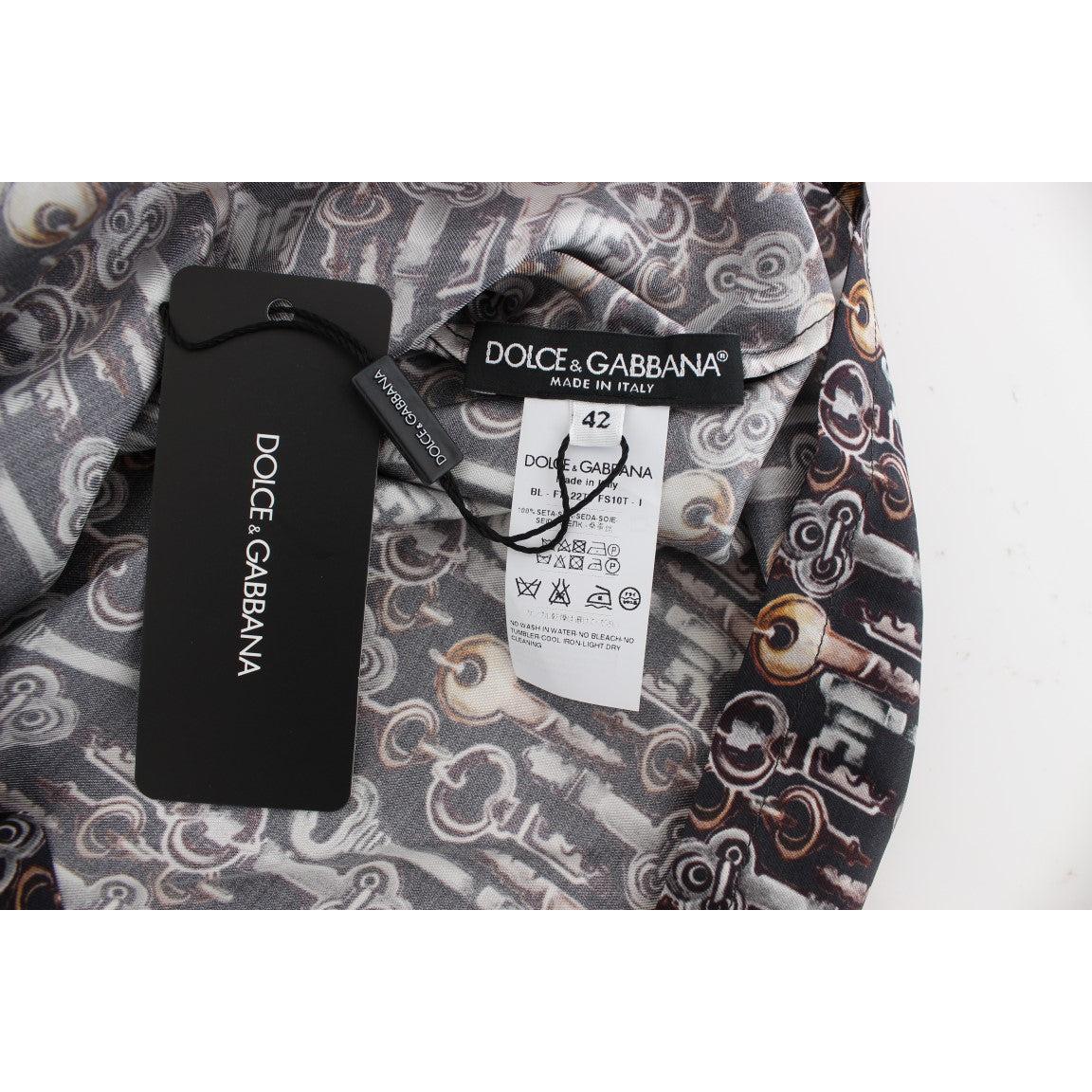 Gray Gold Key Print Silk Blouse T-shirt - coffeewithmee2