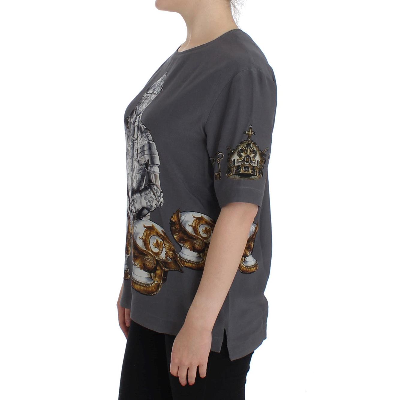 Gray Knight Crown Print Silk Blouse Top - coffeewithmee2