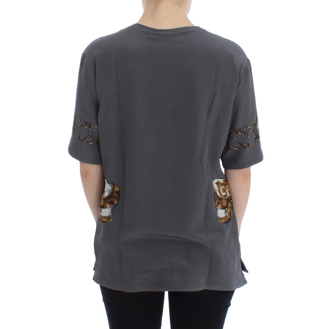 Gray Knight Crown Print Silk Blouse Top - coffeewithmee2