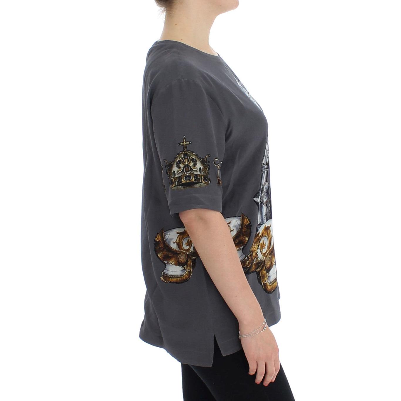 Gray Knight Crown Print Silk Blouse Top - coffeewithmee2