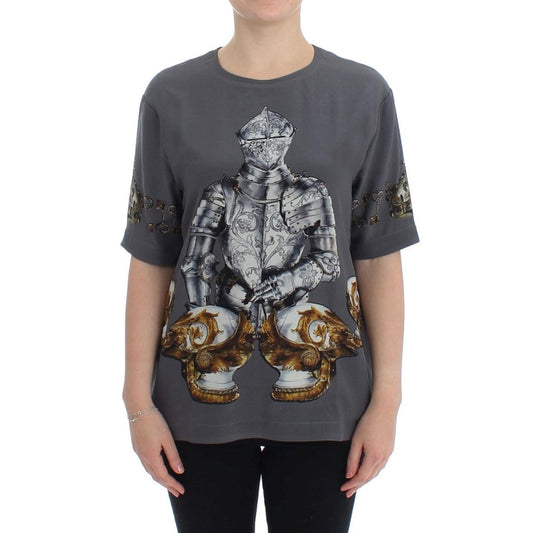 Gray Knight Crown Print Silk Blouse Top - coffeewithmee2