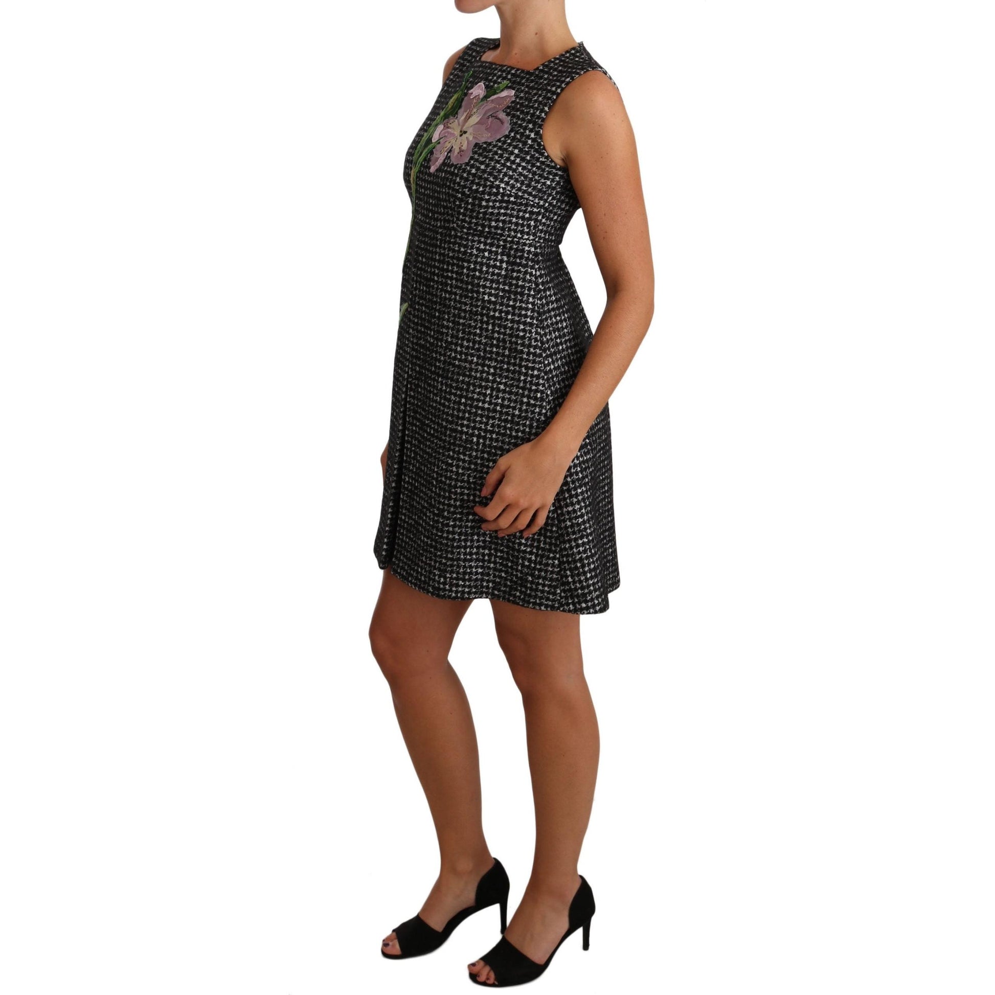 Gray Houndstooth Floral Appliqué Shift Mini Dress - coffeewithmee2