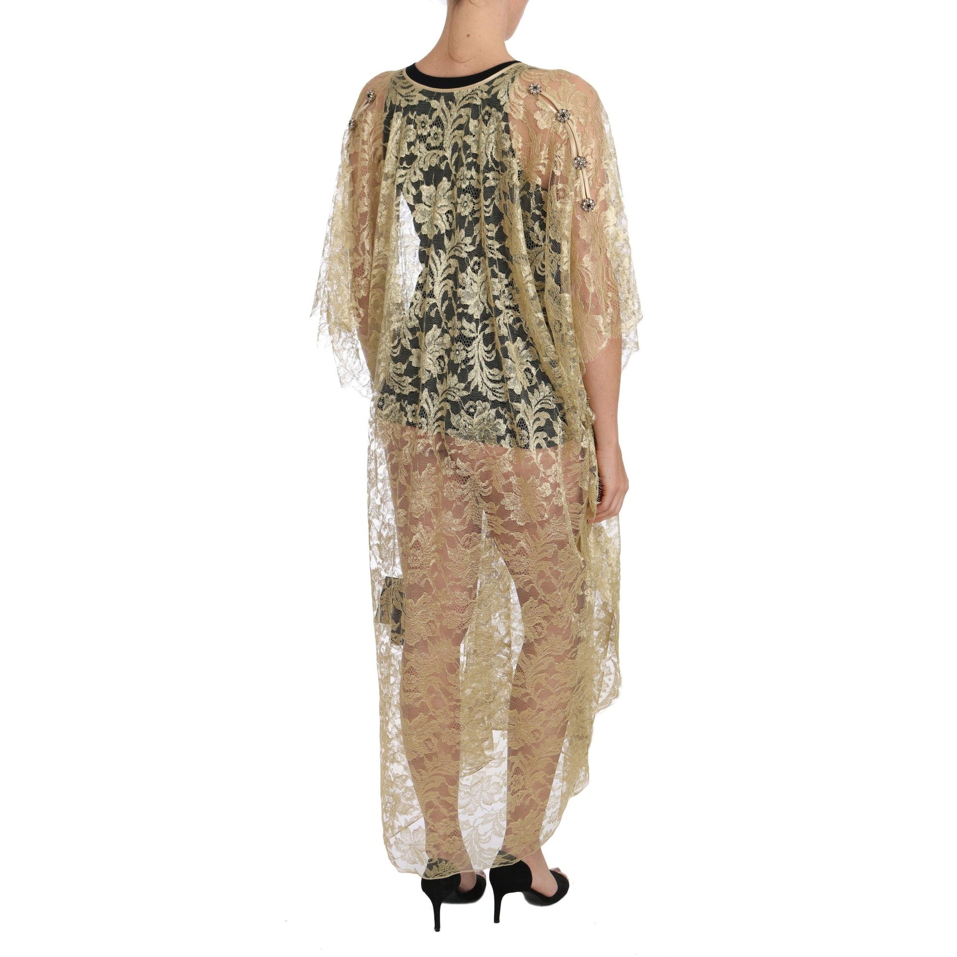 Gold Floral Lace Crystal Gown Cape Dress - coffeewithmee2