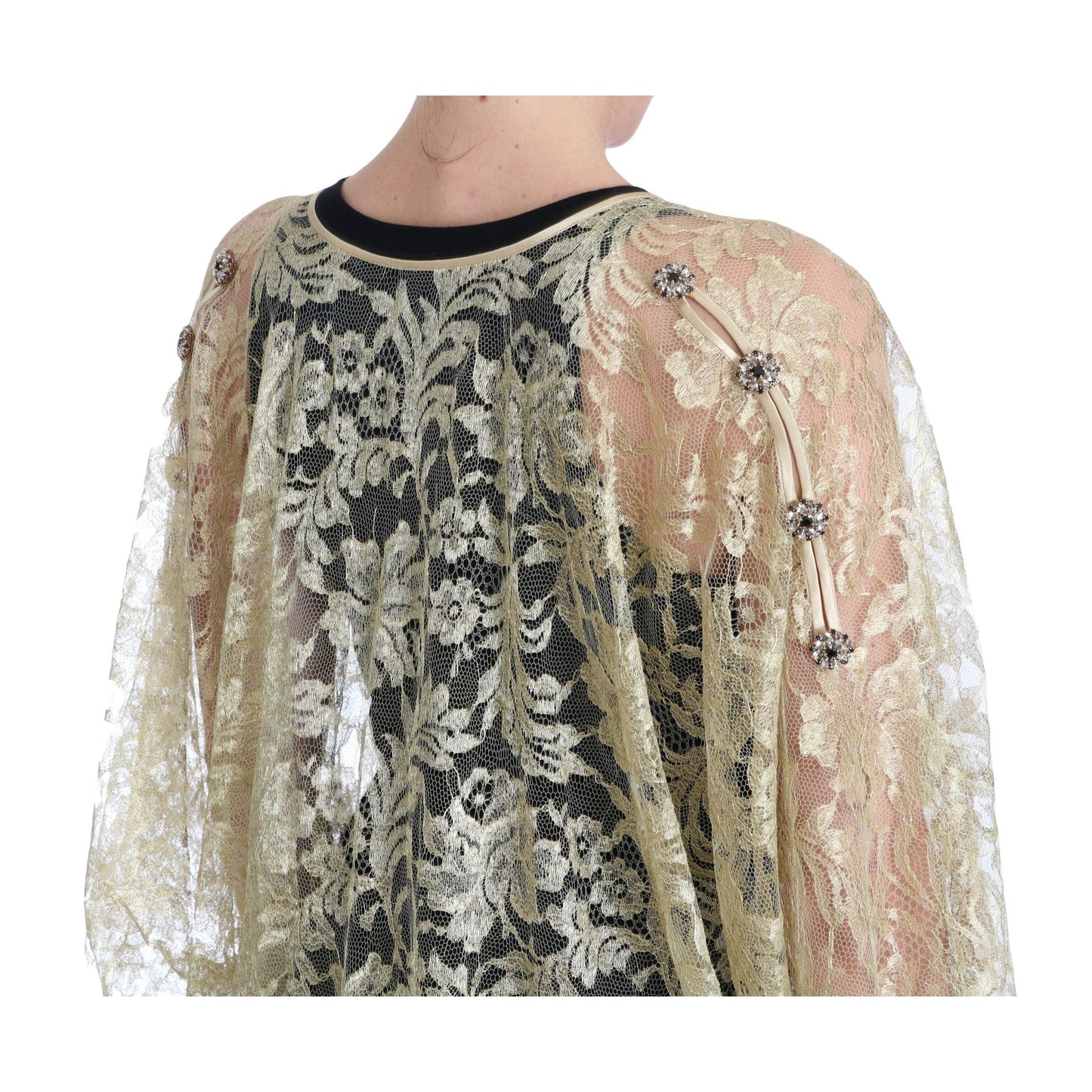 Gold Floral Lace Crystal Gown Cape Dress - coffeewithmee2