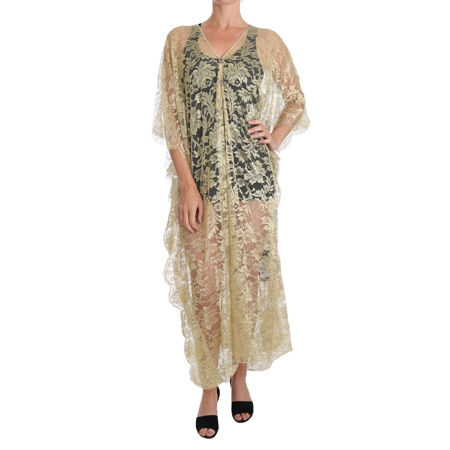 Gold Floral Lace Crystal Gown Cape Dress - coffeewithmee2