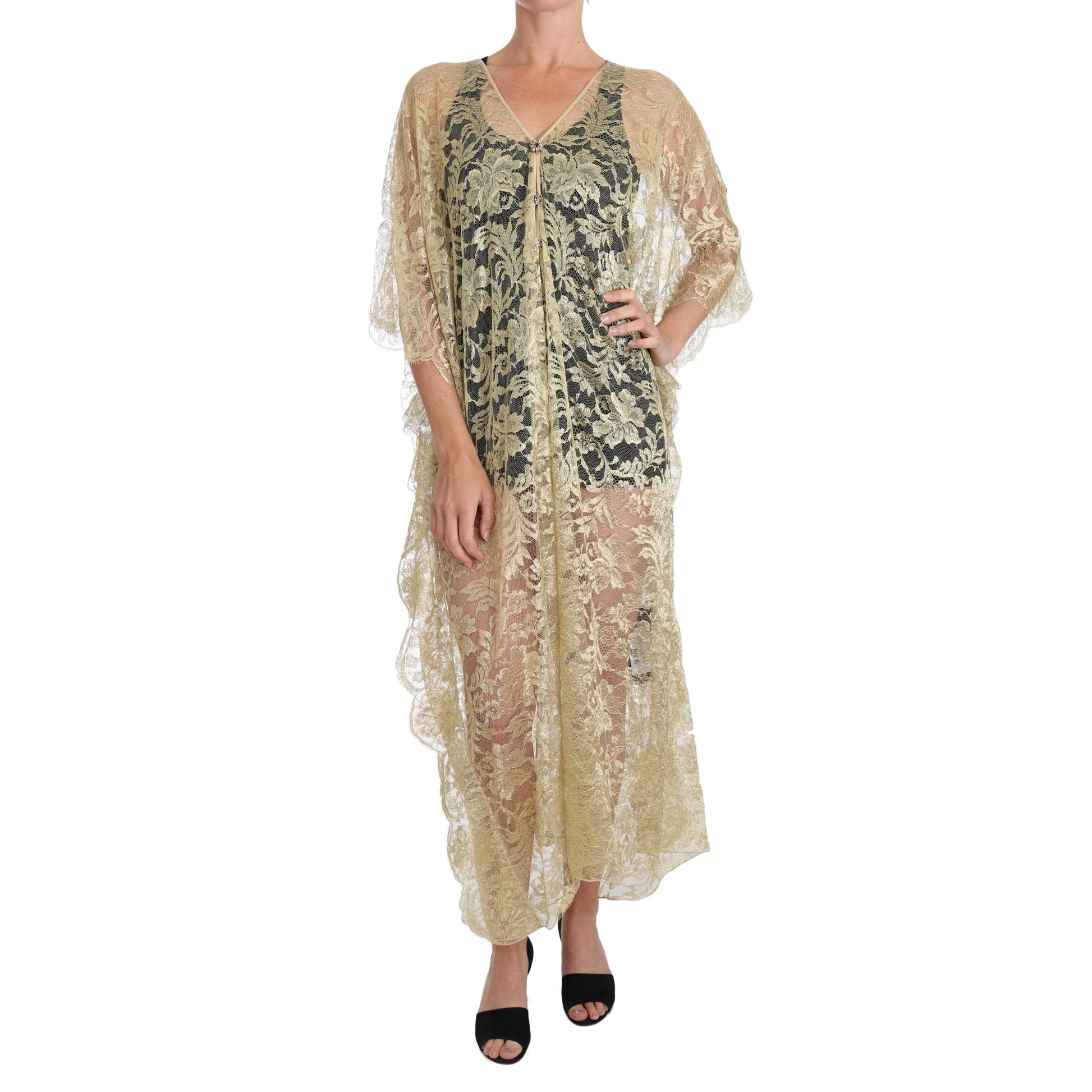 Gold Floral Lace Crystal Gown Cape Dress - coffeewithmee2