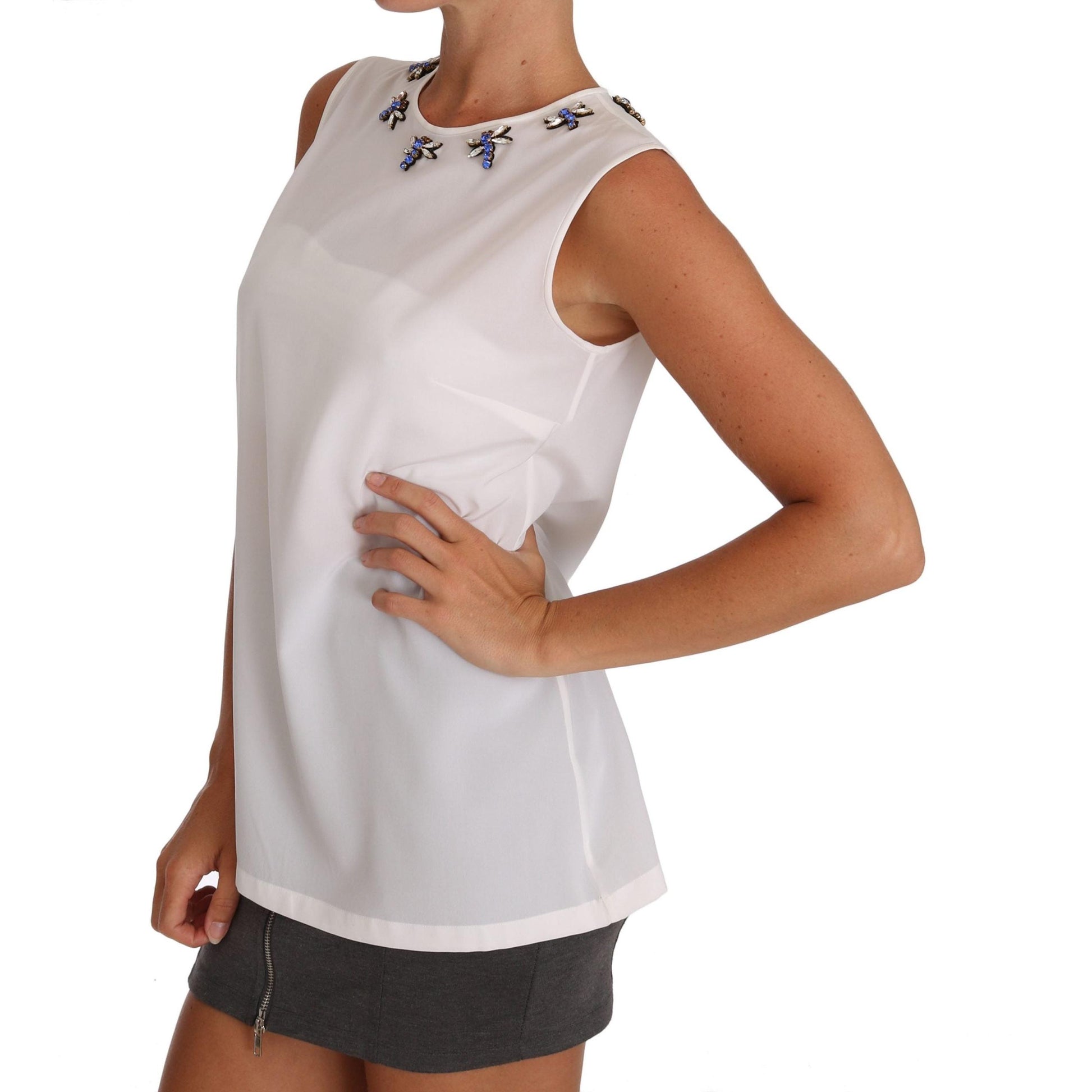 White Silk Crystal Embellished Fly T-shirt - coffeewithmee2
