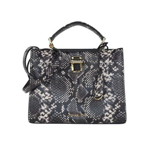 Penelope Medium Python Embossed Leather Top Handle Satchel Handbag (Black) - coffeewithmee2