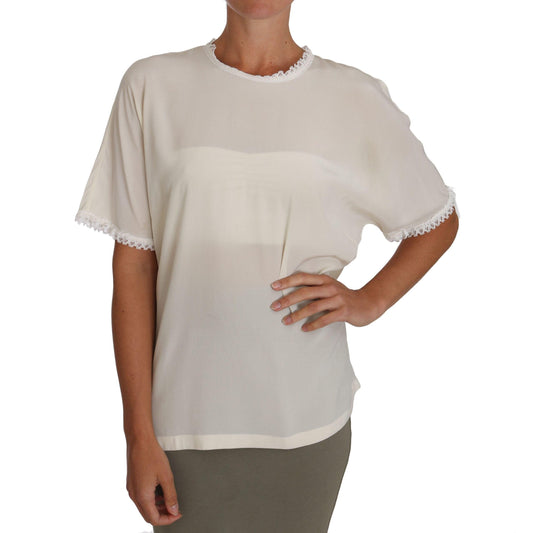 White Cream Silk Lace Top Blouse T-Shirt - coffeewithmee2
