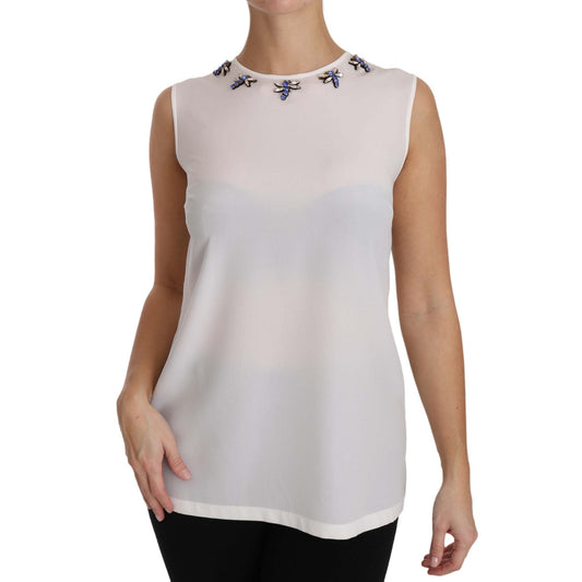 White Silk Embellished Crystal Dragonfly Top - coffeewithmee2