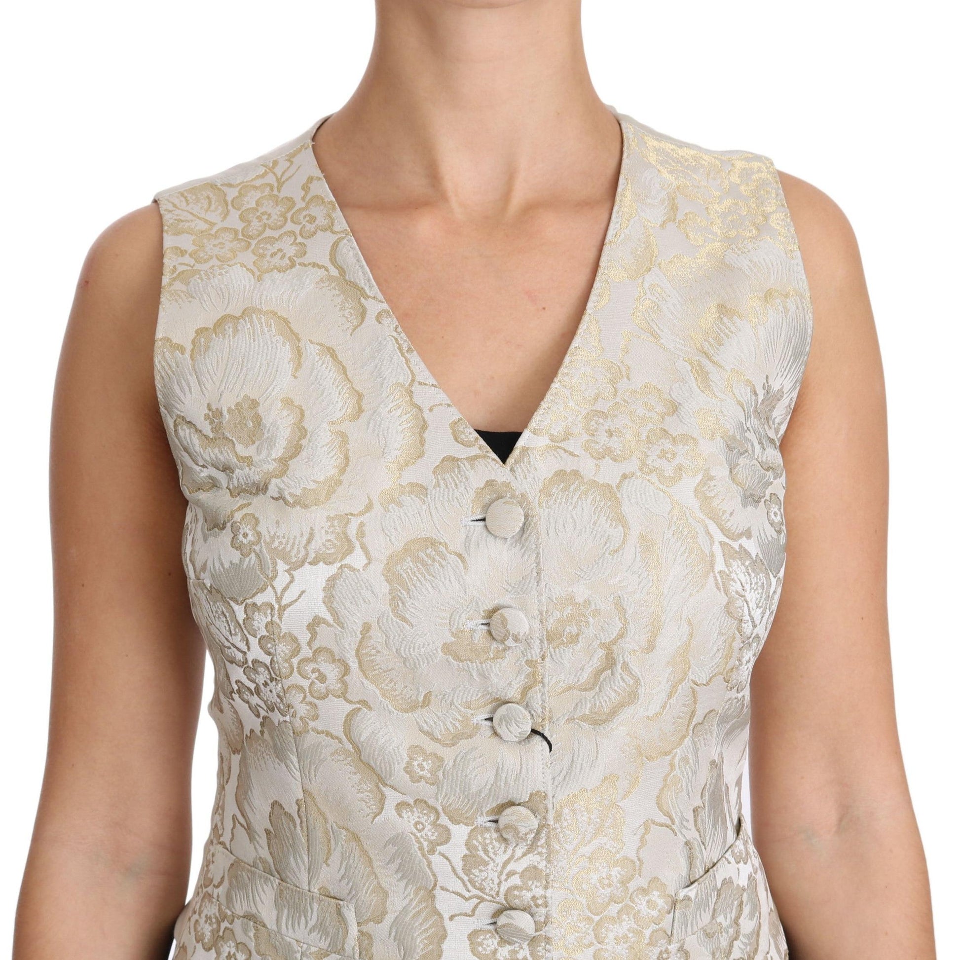 Gold Silk Jaquard Floral Top Blouse Vest - coffeewithmee2