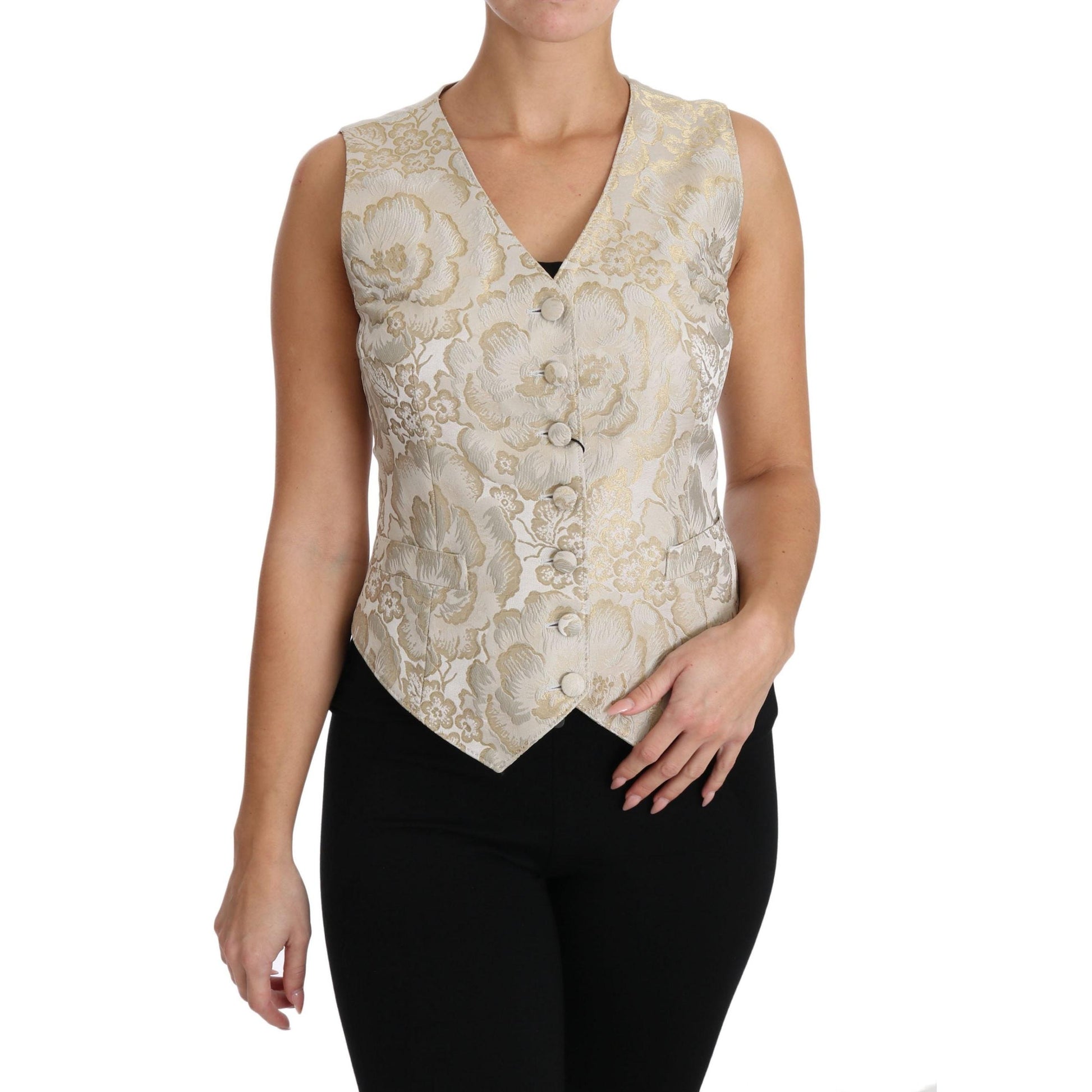 Gold Silk Jaquard Floral Top Blouse Vest - coffeewithmee2