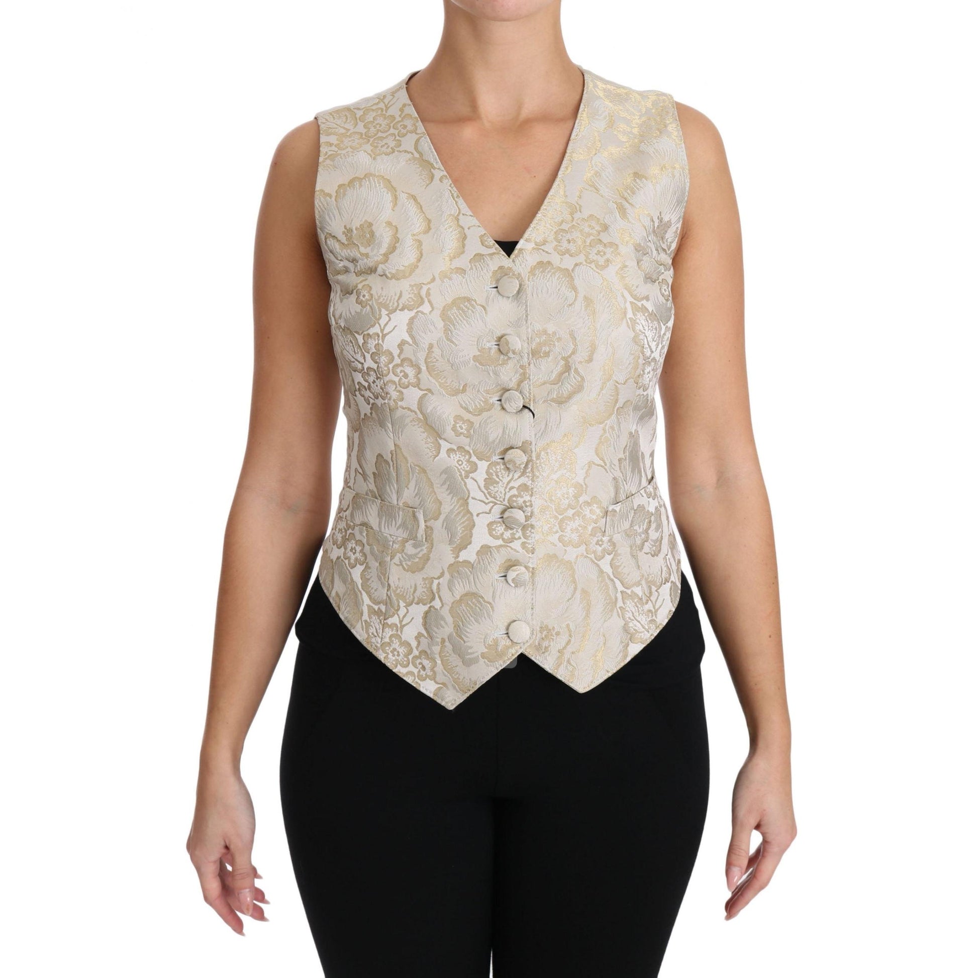 Gold Silk Jaquard Floral Top Blouse Vest - coffeewithmee2