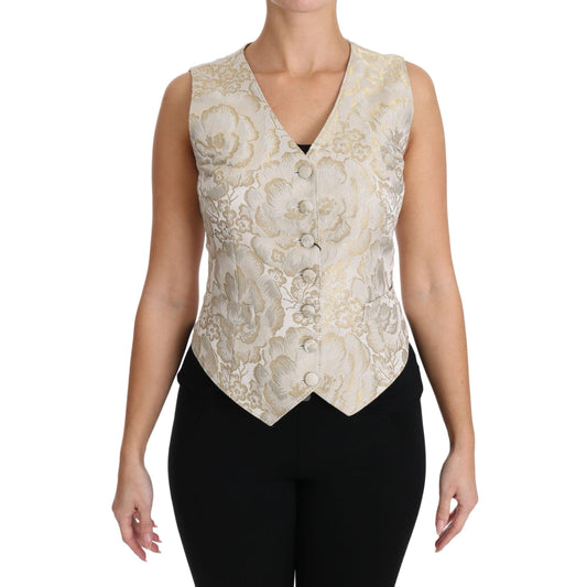 Gold Silk Jaquard Floral Top Blouse Vest - coffeewithmee2