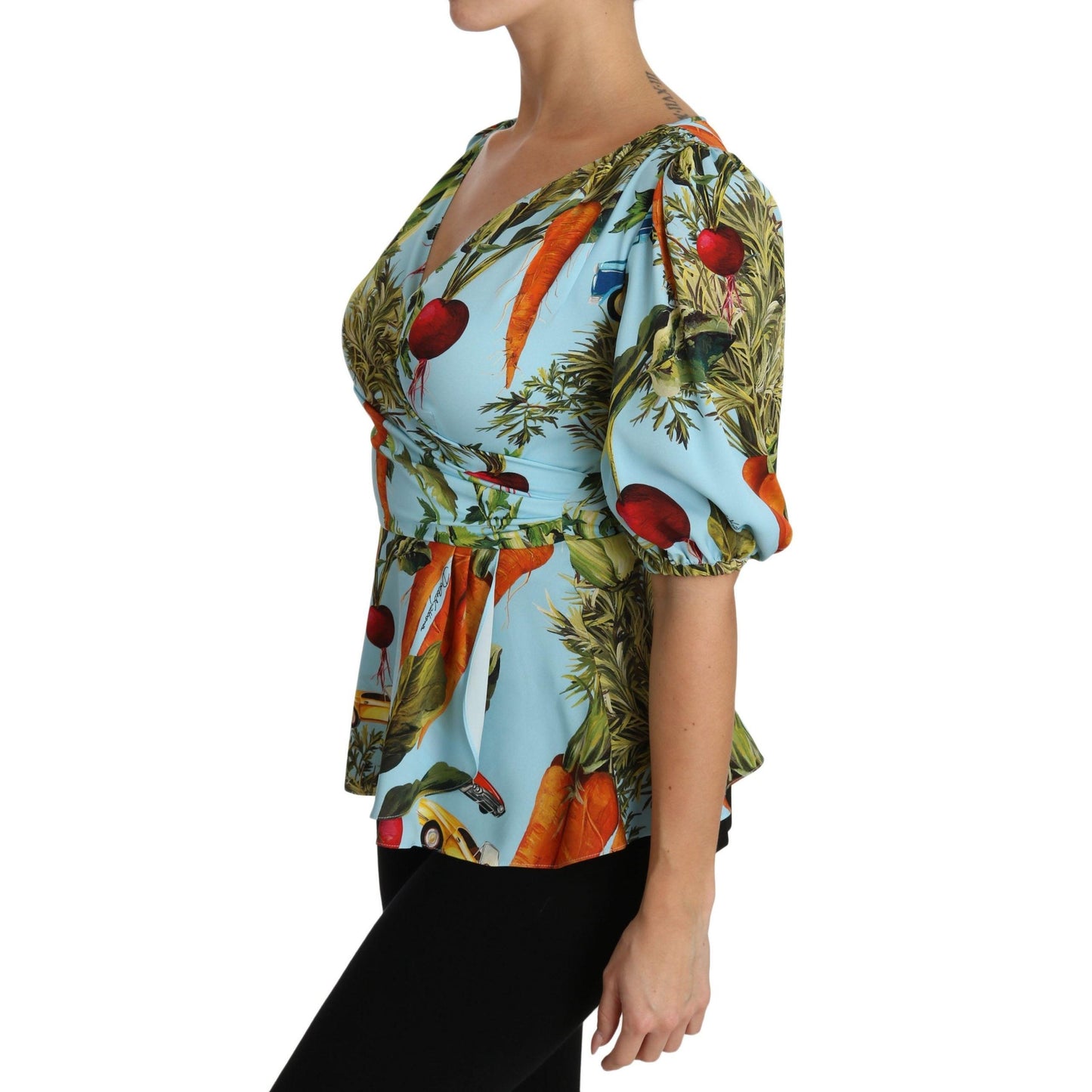Multicolor Vegetable Print Silk Top Peplum Wrap Blouse - coffeewithmee2