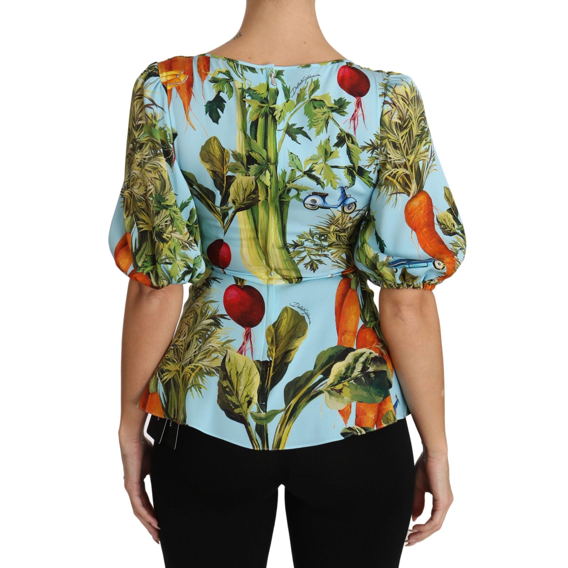 Multicolor Vegetable Print Silk Top Peplum Wrap Blouse - coffeewithmee2