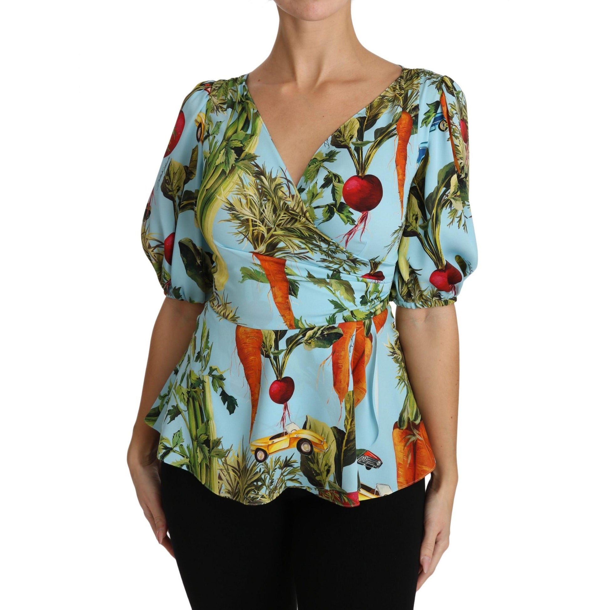Multicolor Vegetable Print Silk Top Peplum Wrap Blouse - coffeewithmee2