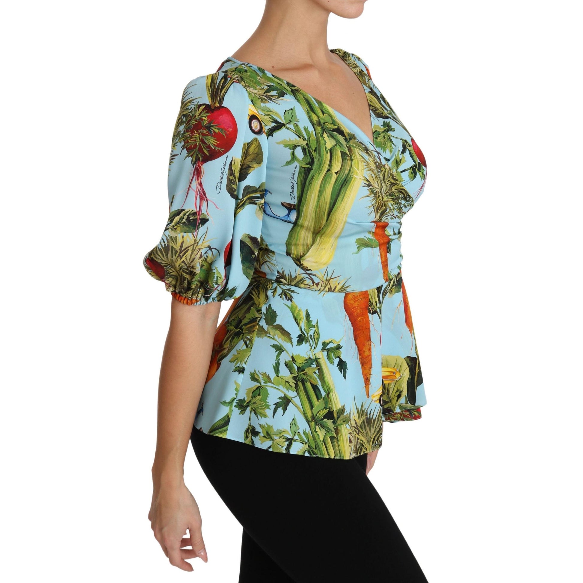 Multicolor Vegetable Print Silk Top Peplum Wrap Blouse - coffeewithmee2