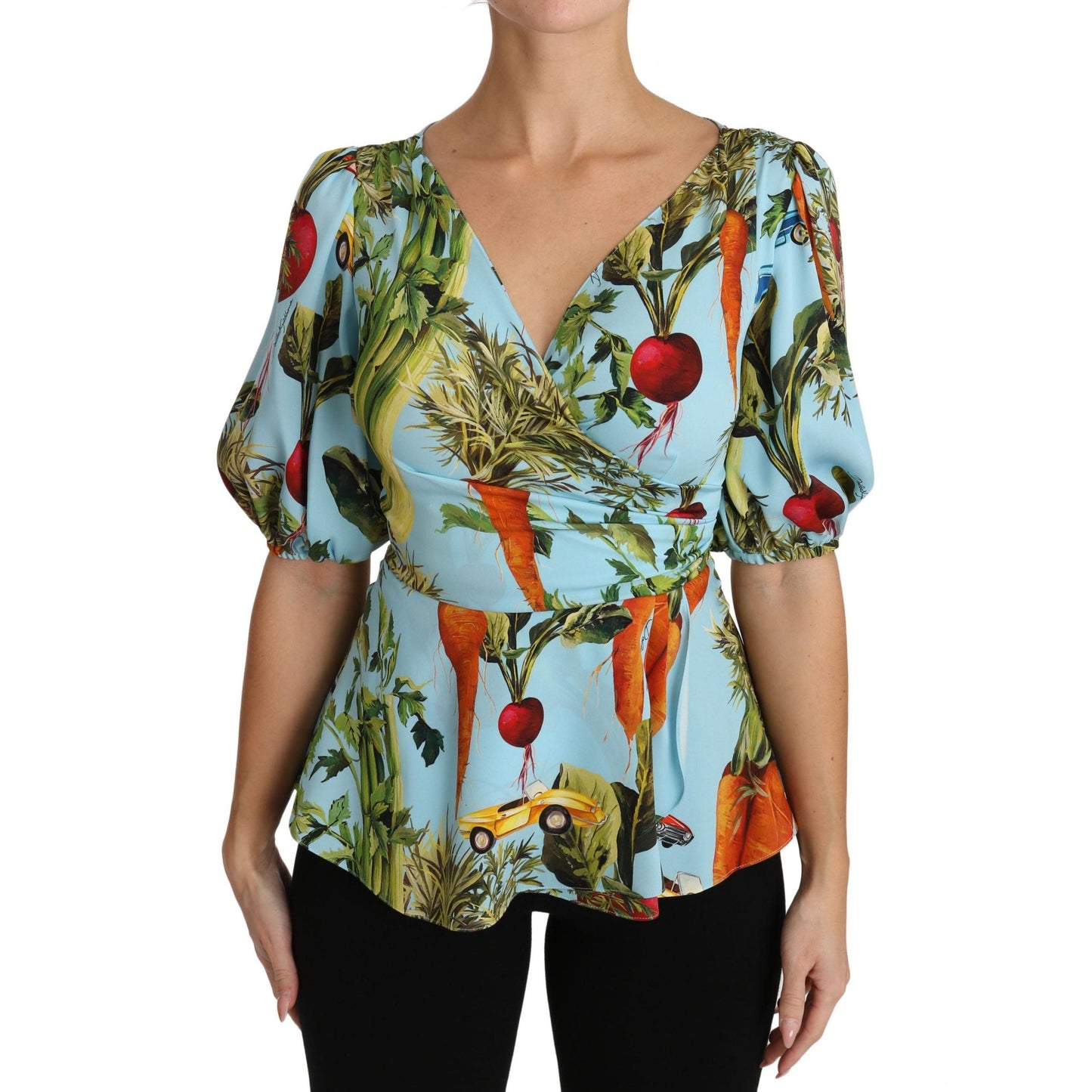 Multicolor Vegetable Print Silk Top Peplum Wrap Blouse - coffeewithmee2