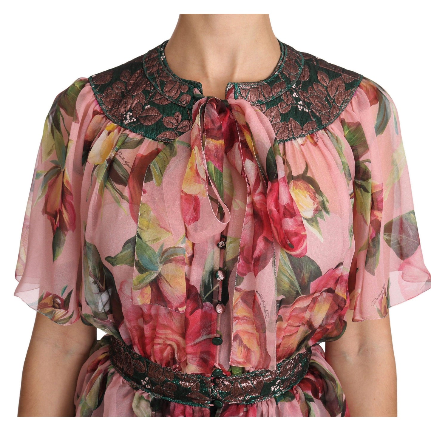 Floral Print Silk Shirt With Pussy Bow Rose - coffeewithmee2